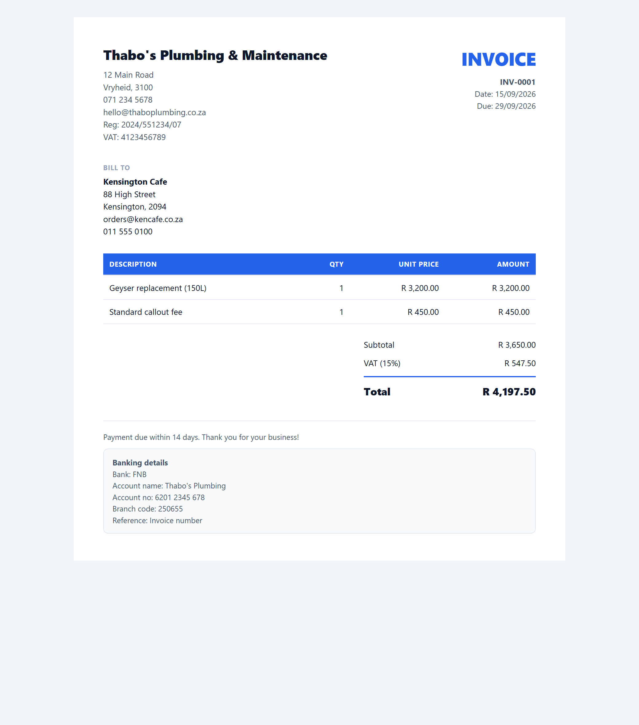 A professional BizKit invoice with VAT and banking details